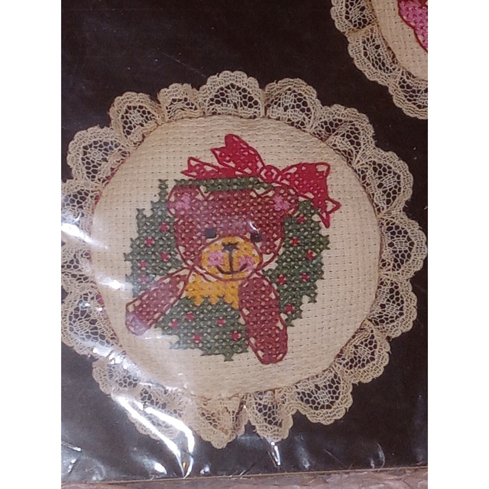 Counted Cross Stitch Christmas Ornaments Kit Nicole Creations Doily Teddy Bear - Picture 3 of 6